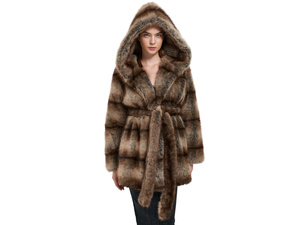 Women's Hooded Striped Faux Fur Coat Waist Belted Mid-Length Fluffy Furry Jacket Luxury Warm <b>Winter</b> Open Front Outerwear - Product Image 1