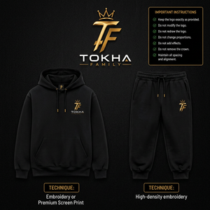 Ensemble survêtement homme personnalisé hiver noir avec sweat à capuche et pantalon de jogging, broderie logo monogramme couronne dorée métallique sur le devant - Product Image 1
