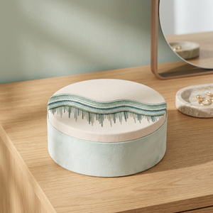 Luxury Plush Embroidered Handmade Wood <b>Storage</b> <b>Box</b> Wave Pattern Mint Green <b>Beige</b> Decorative Personalized Gift <b>Box</b> Eid Ramadan - Product Image 1