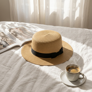 Sombrero de Paja de Ala Ancha para Mujer con Banda Decorada con Flores y Cuentas para Viajes a la Playa - Product Image 3