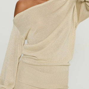 Robe pull mini moulante en maille élégante beige pour femme, à épaules dénudées et manches ballon, effet scintillant, style décontracté et sexy - Product Image 6