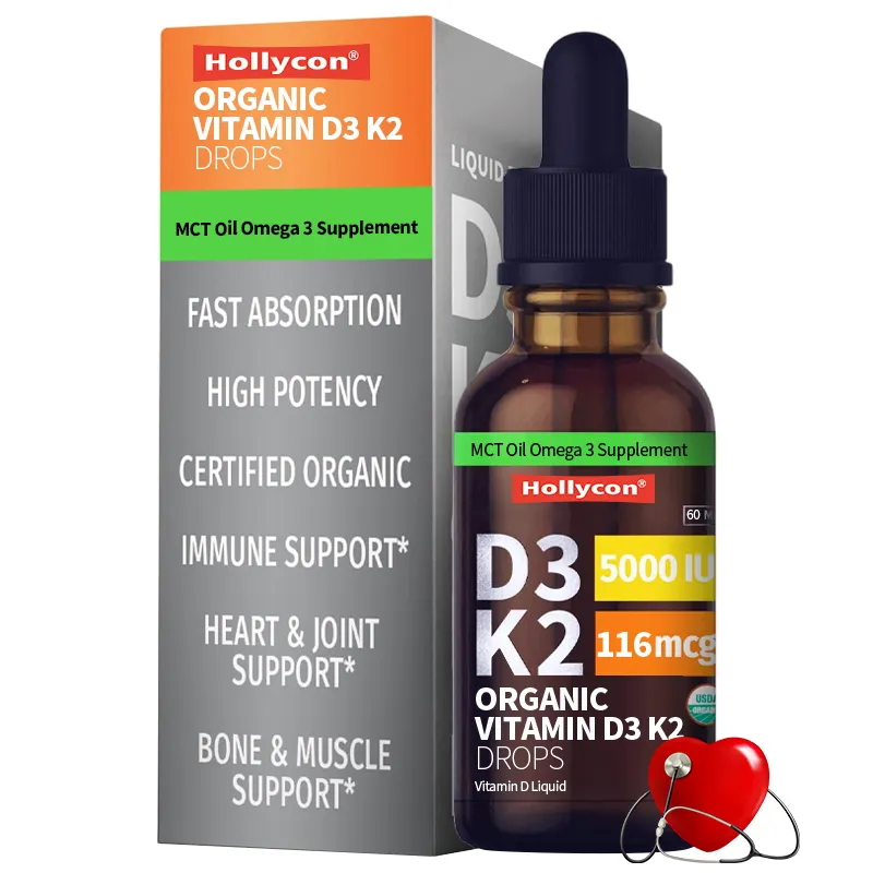 Tùy chỉnh nhãn hiệu riêng Hữu Cơ Vitamin D3 K2 giọt MCT dầu Omega 3 chất lỏng Vitamin D bổ sung cho người lớn và trẻ em