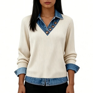 Maglia da <span class=keywords><strong>donna</strong></span> in maglia a costine con finiture in denim - Top a maniche lunghe con scollo a V e dettaglio bottoni Sehe Fashion - Product Image 1
