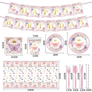 Baby Girl Birthday Dreamy Pink Butterfly Floral Theme Party Set Tableware Cutlery Bunting Dinnerware Happy Birthday Decorations