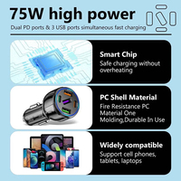 Pengisi Daya Mobil Listrik 5 in 1 75W QC3.0 USB Type-C PD Pengisian Cepat Perlindungan OTP/OVP Tahan Api Logo Kustom Laptop Ponsel Kamera