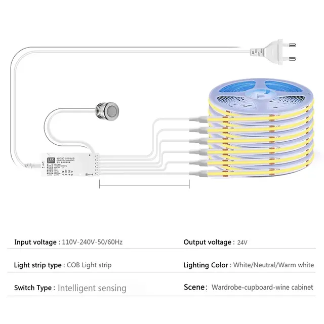 24V Smart Motion Sensor COB LED Strip Light Cabinet Closet Wardrobe Bookcase Display Lighting Auto on Off Delay Under Cabinet