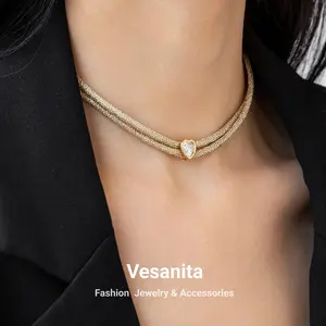 Vesanita New Arrivals Unique Moda Design Mulheres Luxo Double Layered Cord Cordas Coração Cubic Zirconia Charme Gargantilha Colar