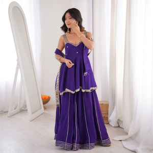 Wholesale Indian Ethnic Wear Sleeveless Mirror Work Peplum Kurti Sharara Set Silk Chiffon Designer 3-Piece Pakistani Salwar Kame - Product Image 5