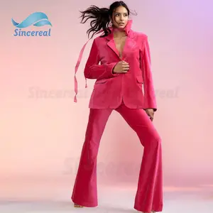 Großhandel Mode hochwertige reiche Samt Schulter polster einreihige Klappen taschen elegante 2 Stück Set Blazer Anzug für Frauen