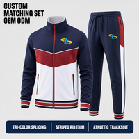 Survêtement Homme Personnalisé Bleu Marine de Haute Qualité, Ensemble Deux Pièces Rayé Colorblock avec Panneaux, Col Montant et Fermeture Éclair, Poches, Idéal pour le Sport