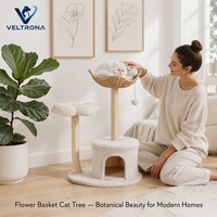 Arbre à chat moderne en forme de fleur avec condo en peluche, poteau en sisal, panier, gamelle et perchoir, mobilier d'escalade d'intérieur, vente en gros