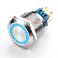 Interrupteur à bouton-poussoir en acier inoxydable et aluminium 25 mm IP65 10A 1NO1NC avec grand actionneur, cadre de surface, LED, pour usage domestique, 1 000 000 cycles
