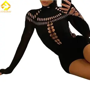 2024 Solid Hollow Out High Collar Bodysuit Sexy Bodycon Skinny Long Sleeves T Shirts Women Gothic Punk Bodysuits