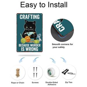 Targa vintage in metallo con scritta "Crafting Because Murder Is Wrong" - Divertente targa con gatto nero |   Arte Decorativa da Parete in Alluminio - Product Image 3