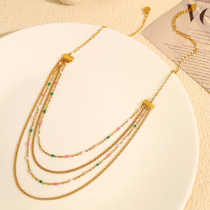 สร้อยคอแบบมีชั้นหลายชั้นประดับลูกปัดทอง สร้อยคอแฟชั่นอเนกประสงค์สำหรับผู้หญิง ทำจากไทเทเนียมสตีล ดีไซน์หรูหรา - Product Image 2