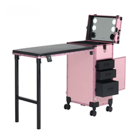 Boîte de présentation pour stand de rue avec miroir LED, portable, sur roulettes, table de manucure pliable avec 3 tiroirs