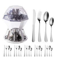 Ensemble de couverts plaqué or à facettes avec support, comprenant fourchettes, cuillères et couteaux, avec couvercle transparent chromé, pour la restauration, vente en gros, OEM