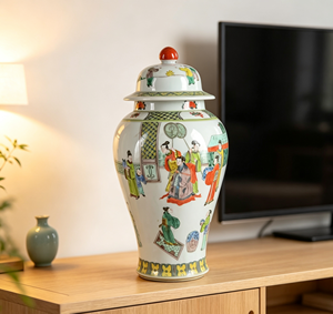 Réplique Chinoiserie Qing, Jarre à gingembre en céramique Famille Verte, avec décor de personnages de demoiselles du Palais Impérial, Jarre générale à couvercle - Product Image 3