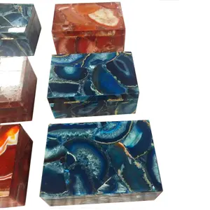 天然中国玛瑙尺寸14 * 8英寸蓝色红色手工珠宝盒宝石