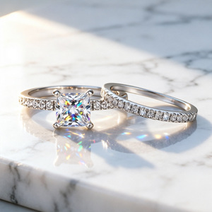 S925 Sterling <b>Silver</b> Rhodium Plated Women's Prong Setting Princess Cut Artificial Mossanite Diamond Engagement Wedding <b>Ring</b> Set - Product Image 3