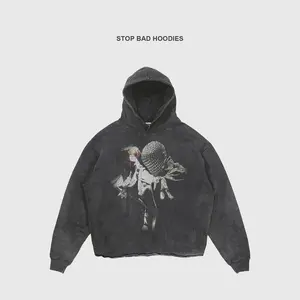 Clothing Manufacturers Custom Vintage Distressed Acid Washed Hoodie Oversize Graphic Cropped Raw Hem Hoodies Men Cut Edge Hoodie