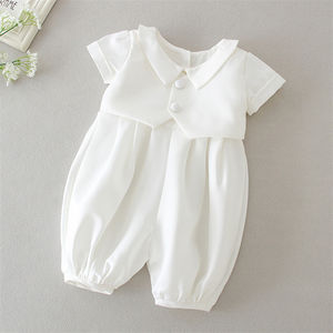 Accepter des vêtements personnalisés pour bébé, robe de baptême pour garçon, barboteuse et chapeau, ensemble de 2 pièces, <span class=keywords><strong>tenue</strong></span> de baptême en satin blanc - Product Image 5