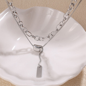 Collier double couche en acier inoxydable, pendentif géométrique irrégulier, chaîne de clavicule, bijoux en argent XL189 - Product Image 3