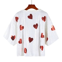 T-shirt ample à sequins blancs avec cœurs rouges, col rond, manches courtes, personnalisé pour la Saint-Valentin, style streetwear