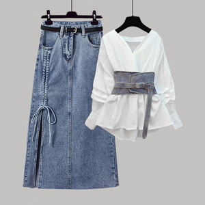 Yfy OEM Tùy Chỉnh Cộng Với Kích Thước Phụ Nữ Denim Đặt Hai Mảnh Áo Sơ Mi Và Váy Trang Phục Thanh Lịch Trang Phục Mùa Hè Mùa Thu Hàn Quốc Phong Cách - Product Image 1