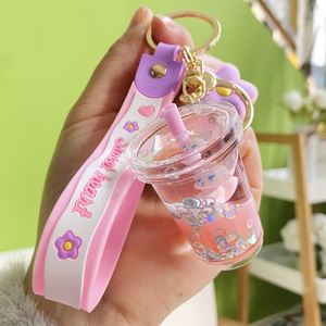 New Cute Acrylic Keyring Key Chain Ring Oil <b>Floating</b> Pink <b>Bubble</b> Quicksand Cup Liquid Keychain - Product Image 6