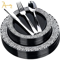 Ensemble de vaisselle en plastique de qualité supérieure pour fête, assiettes de mariage fantaisie, élégant bleu royal et argent jetables pour dessert salade traiteur