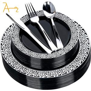 Ensemble de vaisselle en <span class=keywords><strong>plastique</strong></span> de qualité supérieure pour fête, assiettes de mariage fantaisie, élégant <span class=keywords><strong>bleu</strong></span> royal et argent jetables pour dessert salade traiteur - Product Image 5