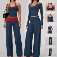 Ensemble de yoga 5 pièces pour femme, haut court dos nu effet deux pièces, pantalon évasé taille haute, dos ajouré, pour la gym et le fitness, vente en gros OEM
