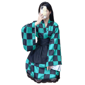 Vestido tipo kimono para cosplay, disfraz de Anime de manga larga a cuadros verde y negro para mujer, traje de fiesta para juego de rol - Product Image 5