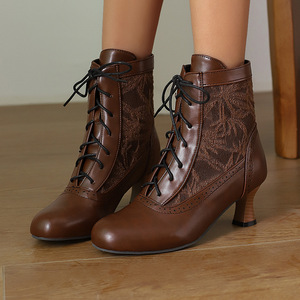2026New Vintage Women Shoes <b>Brown</b> Leather Jacquard Spliced Ankle <b>Boots</b> With Front <b>Lace</b> Up And Kitten Heel Walks And Gatherings - Product Image 1