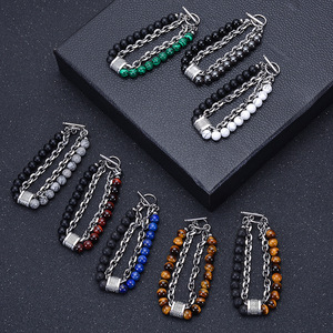 Fashion perhiasan manik-manik 8mm, Gelang gesper baja anti karat manik-manik batu Lava buatan tangan batu Macan alami lapisan ganda - Product Image 4