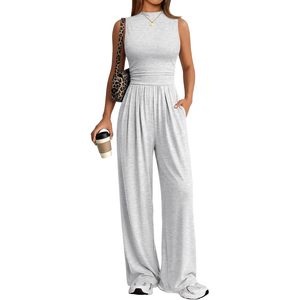 Women's Sleeveless Mock Neck <b>Jumpsuit</b> High Waist Palazzo Romper <b>With</b> <b>Pockets</b> Casual Summer Outfit Breathable Knitted Fabric - Product Image 1