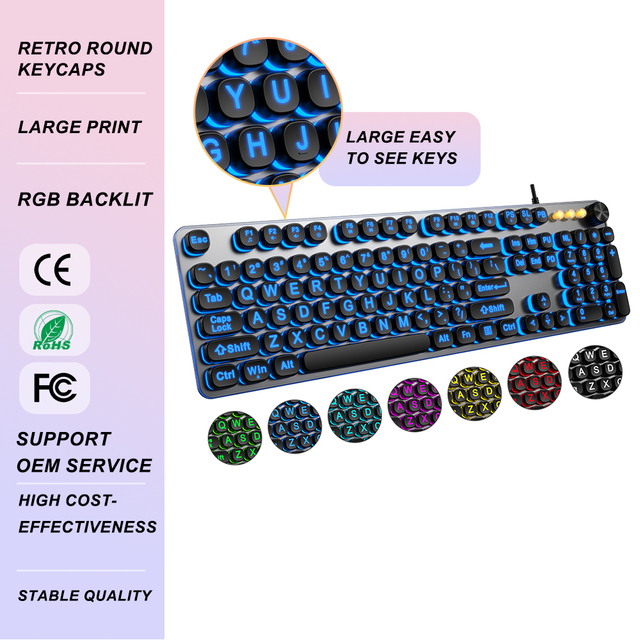 Large Print RGB Backlit Keyboard 7-Color USB Computer Keyboards Oversize Retro Round Letters Keys Keycaps Wired Keyboard