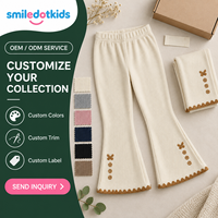 Smiledotkids Pantalons évasés personnalisés pour enfants, crème, côtelés, brodés, ourlet festonné, taille élastique, OEM ODM, pour petites filles, vente en gros