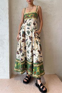 Vestido Maxi IStapromo con Tirantes Finos, Estampado Floral Pintado a Mano, Cintura Imperio, Corte en A, Holgado, Informal, de Verano - Product Image 3