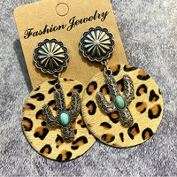 Boucles d'oreilles pendantes en alliage style western bohème en cuir imprimé vache, avec incrustations de cactus et turquoise, bijoux d'oreille vintage pour femme