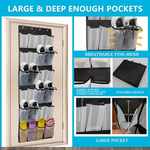 Over The Door <b>Shoe</b> Organizer 24 Mesh Pockets Hanging Storage For <b>Shoes</b> White Black Rectangle <b>Hook</b> Type - Product Image 5
