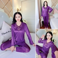 Ensemble de vêtements de nuit d'automne et de printemps pour femmes-Top à manches longues et pantalon long-Ensemble deux pièces