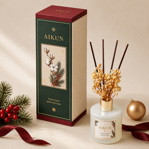 Aikun Gift Shop Clear Glass <b>Black</b> Cap Festive Pine Custom Logo Printed Christmas <b>Reed</b> <b>Diffuser</b> Green Box Set for Holiday Shelves - Product Image 2