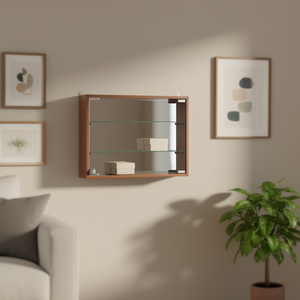 Armoire murale suspendue 60x45cm en bois de cerisier avec étagères en verre, miroir au dos et porte verrouillable - Product Image 3