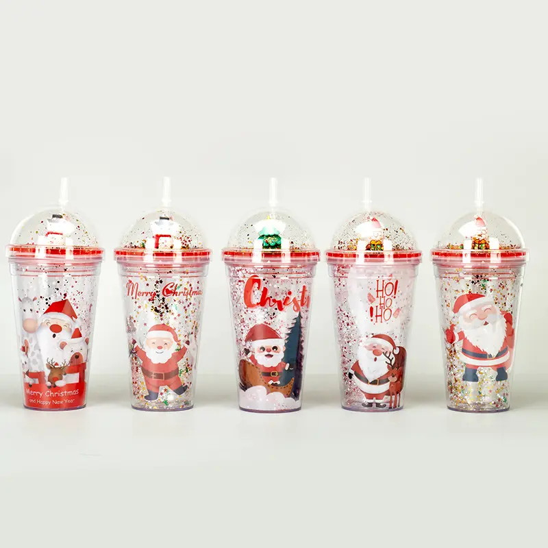 Hot bán Cây giáng sinh Santa Quà Tặng Tumblers đôi tường có nắp đậy và ống hút