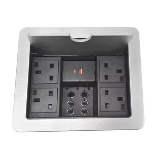 Office Table Hidden Mounted UK Power Outlet Flip Top Sliding Cover Brush Desktop Socket With 4 Power PD20W USB-C 6 Cable Hole