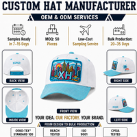 Casquette de baseball personnalisée à 6 panneaux en sergé de coton, blanche et bleue, avec patch brodé intégral motif paysage urbain, OEM ODM, visière incurvée, pour le voyage et les loisirs