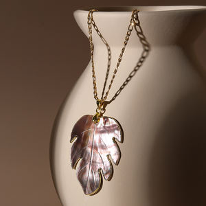 Wanita Bohemian gaya putih abu-abu ungu cangkang tembaga rantai kalung bentuk daun liontin untuk ulang tahun pernikahan cakar pengaturan - Product Image 4