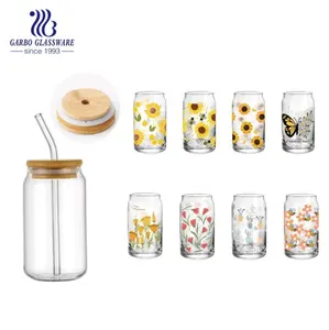 Home Bar Glassware Glass Can Shaped Cola Beer Glass Cup With Bamboo Lid And Straw 17oz Blowing Tumbles Printing Glass Cups